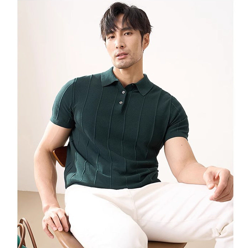 Summer New Short Sleeve Knitted Shirt Men Lapel Business Slim Vertical Stripe