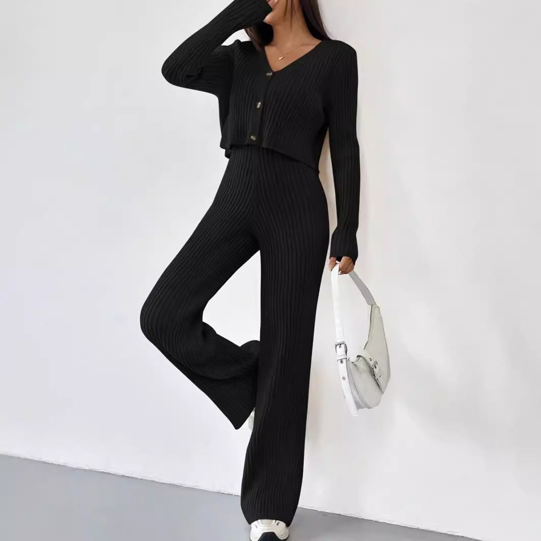 Solid Color V-Neck Knit Top & Bootcut Pants Set