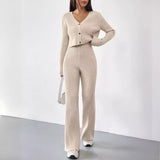 Solid Color V-Neck Knit Top & Bootcut Pants Set