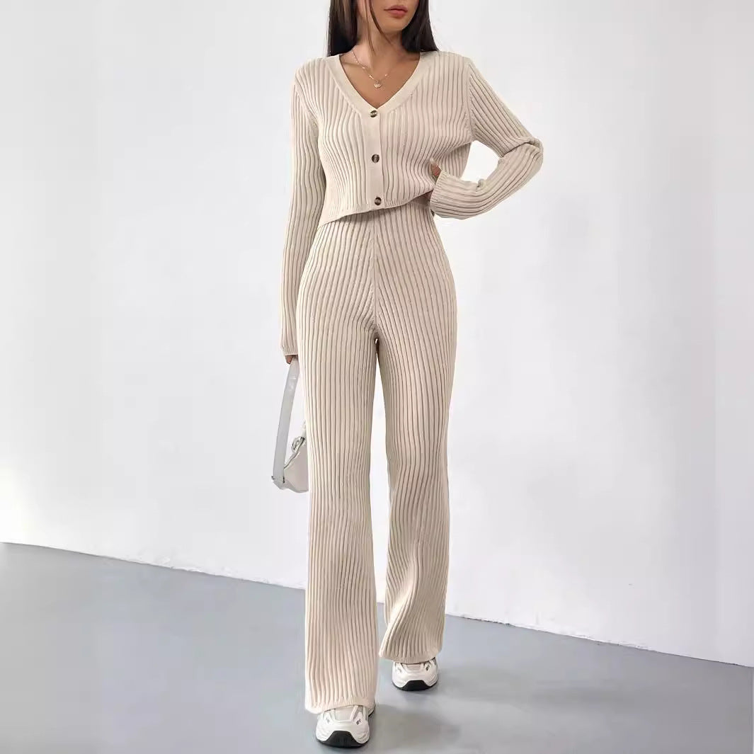 Solid Color V-Neck Knit Top & Bootcut Pants Set