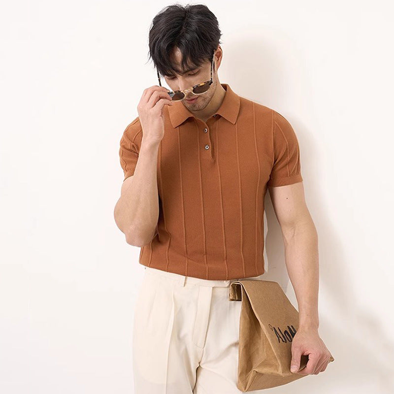Summer New Short Sleeve Knitted Shirt Men Lapel Business Slim Vertical Stripe