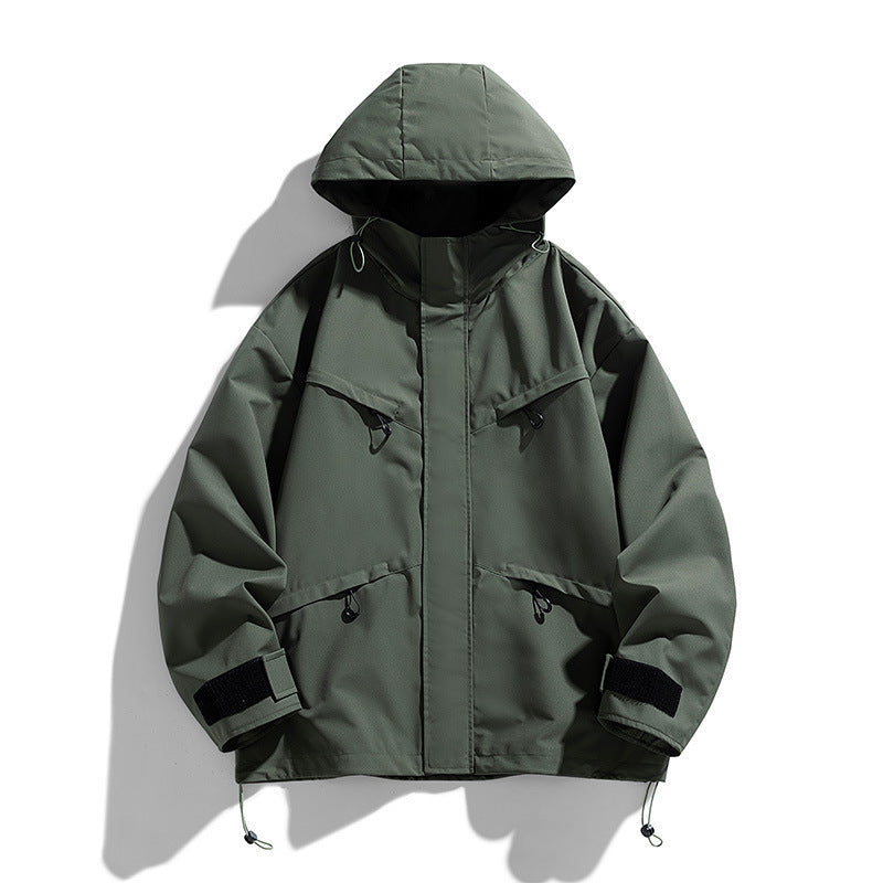 Japanese Style Retro Zippered Pocket Hooded Loose Fit Functional Shell Jacket