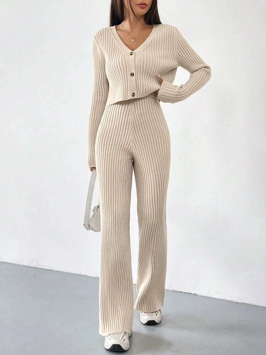 Solid Color V-Neck Knit Top & Bootcut Pants Set