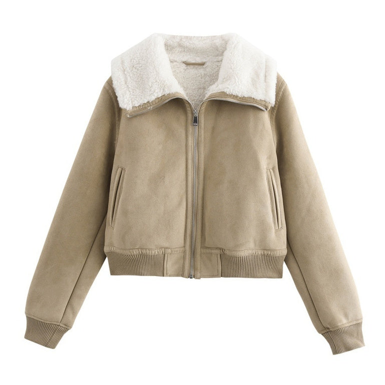 Chaqueta corta cálida y gruesa de polar suelto con dobladillo roscado para mujer