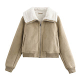 Chaqueta corta cálida y gruesa de polar suelto con dobladillo roscado para mujer