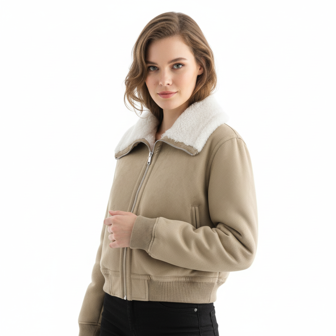 Chaqueta corta cálida y gruesa de polar suelto con dobladillo roscado para mujer