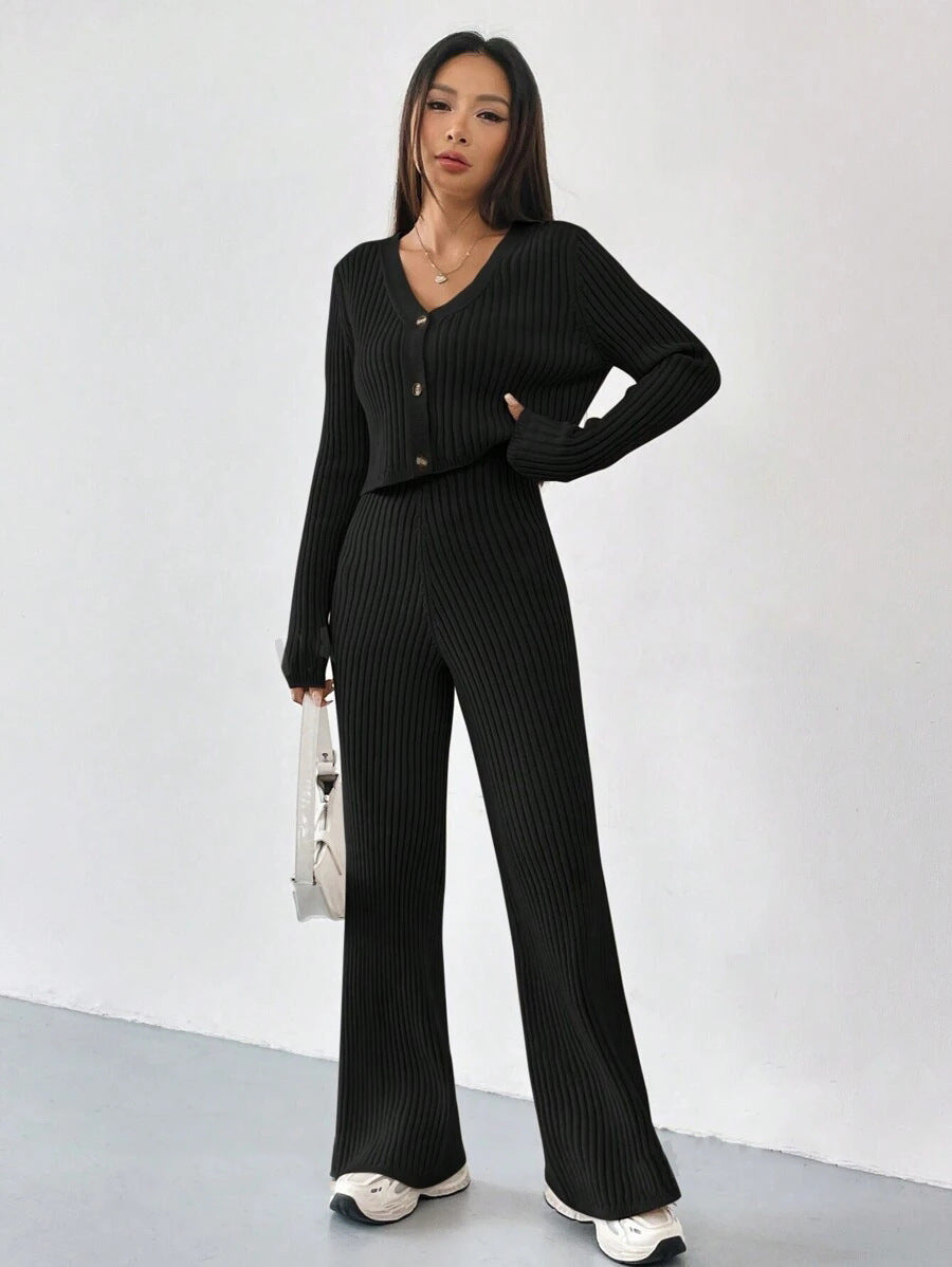 Solid Color V-Neck Knit Top & Bootcut Pants Set