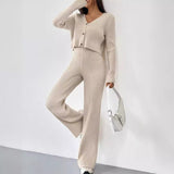 Solid Color V-Neck Knit Top & Bootcut Pants Set